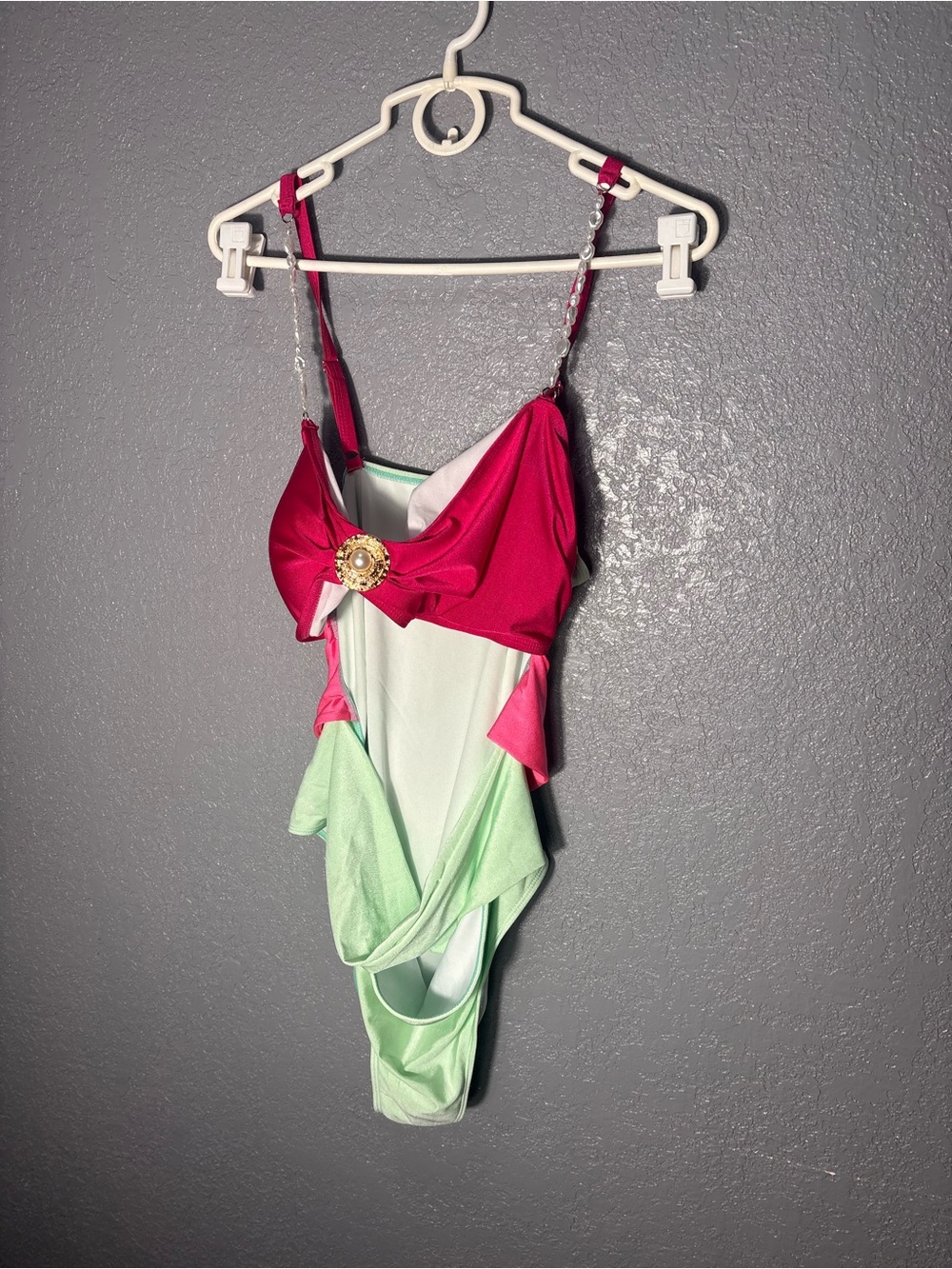 Women Pink and Light Green One-Piece Swimsuit with Decorative Brooch